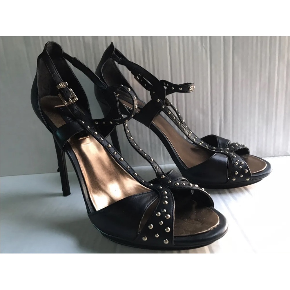 BCBG Max Azria Forrester Stilletto Heels Black W/ Gold Size 9.5 91/2 B -5" HEEL